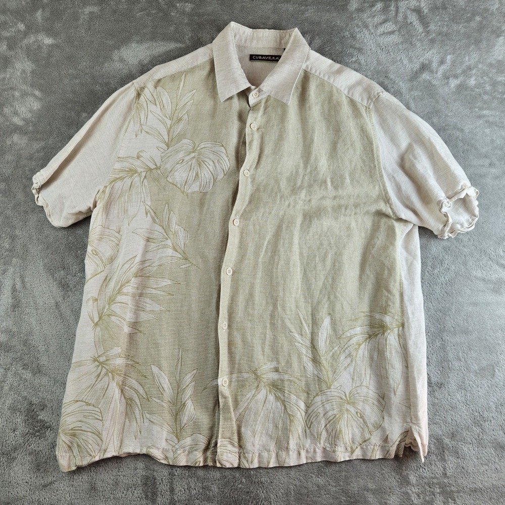 Cubavera Shirt Mens XL Cream Striped Floral Linen Blend Short Sleeve Beach